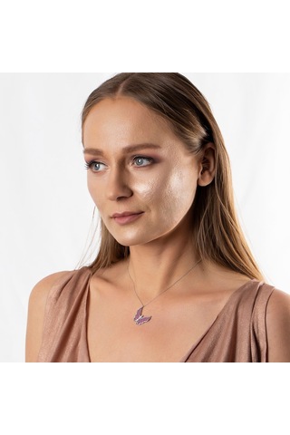 Fuşya Zirkon Taşlı Zarif Tasarım 925 Ayar Gümüş Kelebek Kolye (459601727)