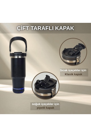 Bluetooth Hoparlörlü Paslanmaz Çelik Termos Bardak 600 Ml -pipetli ,çift Kullanımlı Kapak Siyah
