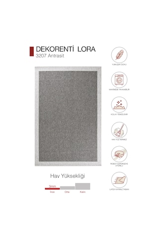 Hoom Rugs Lora 3207 Antrasit Çerçeveli Çizgili Pamuk Taban Hav Toz Vermez Sisal Halı
