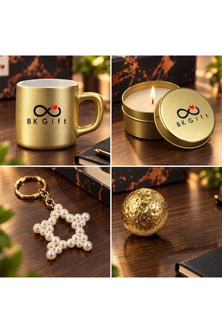 Logonuza Özel 10'lu Gold Fincan & Mum & Mdf Altlık & Gold Dekor & Anahtarlık - Gold Kurumsal Hediye Seti