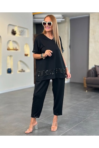 Modaserdem Kadın Kısa Kollu V Yakalı Pul Payetli Viskon Iki Iplik Bluz Ve Pantolon Ikili Takım Siyah