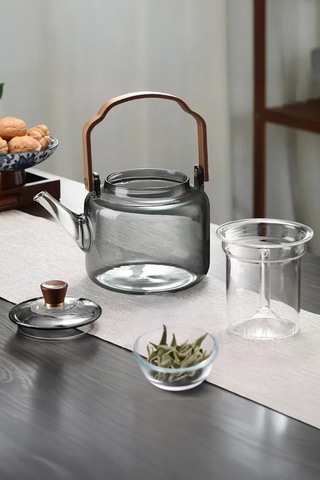 Ahşap Saplı Füme Cam Demlik Borosilikat Isıya Dayanıklı Cam Çaydanlık 1200 Ml Füme