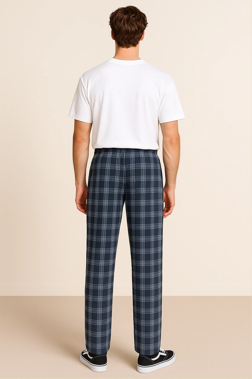 Erkek %100 Pamuk Cepli Ekose Pijama Altı Lacivert Lacivert Ekose