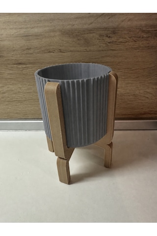 Vaveni 3d Baskı Ayaklı Çizgili Saksı - Bej Standlı Dekoratif Saksı - Gri Arz