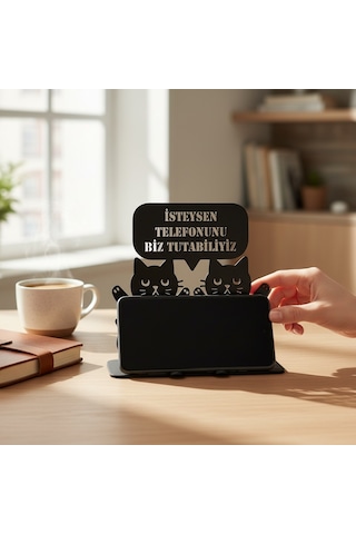 Metal Siyah Kedili Komik Tasarım Telefon Standı