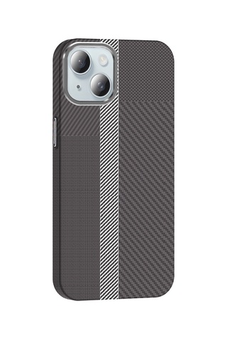 Noktaks - İphone 15 Uyumlu Kılıf Magsafe Özellikli Karbon Fiber Görünümlü Gros Kapak - Gri-siyah - T36928