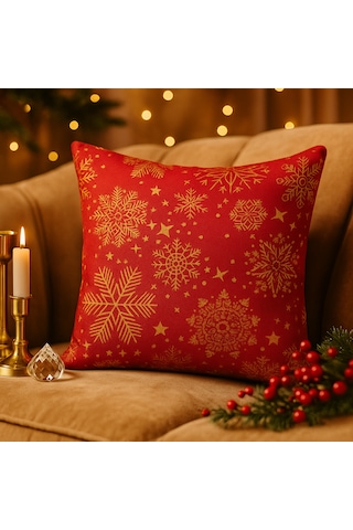 Kırmızı Yılbaşı Temalı Kırlent Kılıfı Kar Tanesi Desenli, Gold Detaylı 40 40 Cm 40 x 40