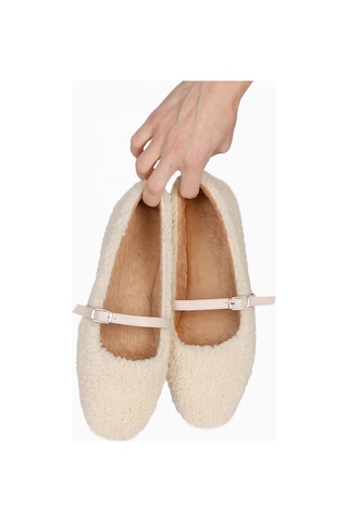 Kadın Şık Peluş Ev Ayakkabısı Babet Panduf - Krem