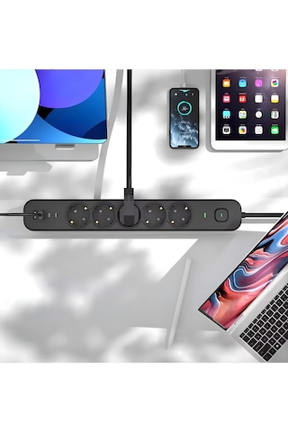 2 Mt Uzatma Kablosu Çoklu Priz Yüksek Gerilim Korumalı 5'li Priz 2x Usb 2x Type-c Çıkışlı Priz 2 M