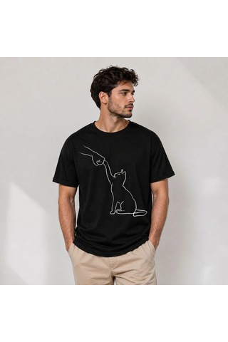 Novalisse Erkek Minimal Kedi Çizim Baskılı Tişört Kısa Kol Yazlık T-shirt - Siyah Çoklu Renk