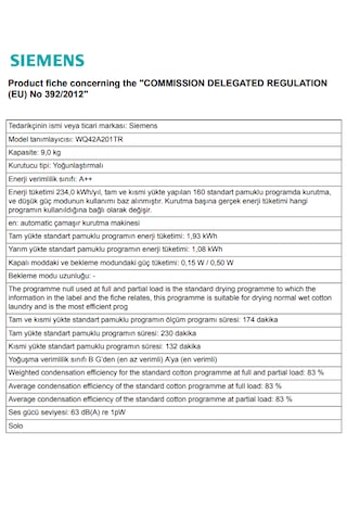 Siemens iQ300 WQ42A201TR 9 KG Isı Pompalı Kurutma Makinesi