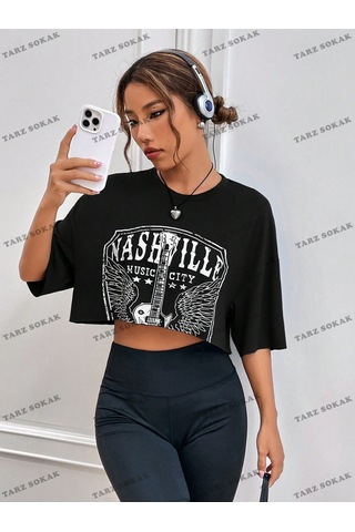 Flood Of Style Crop Ckod-232913 Mektup Grafikli Düşük Omuz Kısa Siyah
