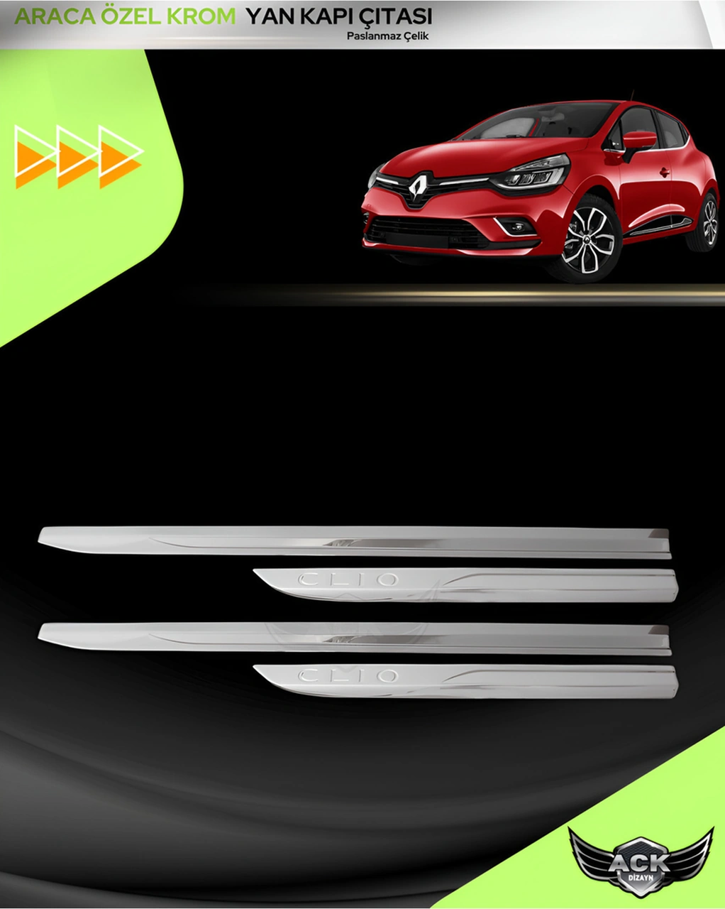 Renault Clio 5 2020+ Araca Özel Üretim Krom Yan Kapı Çıtası A+ Paslanmaz Çelik Yazılı