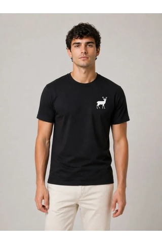 Valensdesign Erkek Minimal Geyik Logolu Tişört Bisiklet Yaka Kısa Kol Yazlık T-shirt - Siyah