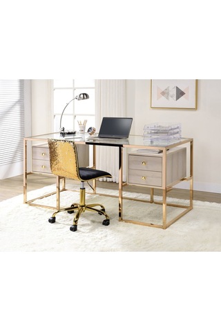 Trinity Gold Metal & Ahşap & Cam Çalışma Masası Titanyum Kaplama