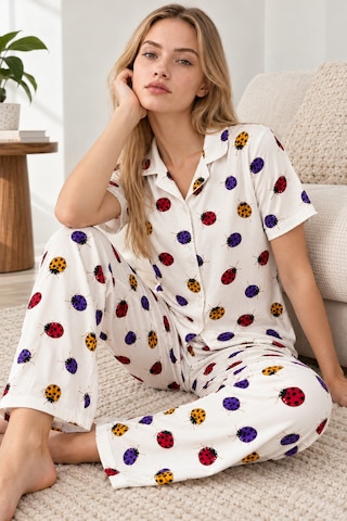 Womanandkids Night Beyaz Kadın Desenli Kısa Kollu Pijama Takımı 4828