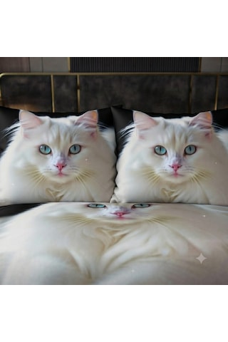 Özel Tasarım Marka Çift Kişilik Nevresim Takımı Organik Saten & Pamuk Luxury Premium Kumaş 240 260 Cm Ranforce Kedi Siyah Beyaz Van Açık Pembe - Beyaz