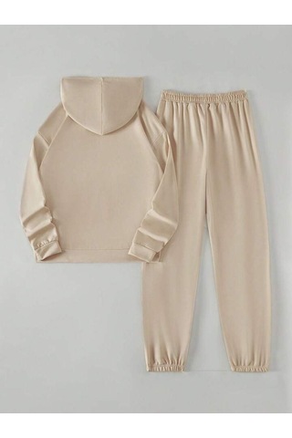 Malibu Eşofman Takımı Sweatshirt Jogger - Bej Baskılı Oversize Şardonlu Kapüşonlu Bej