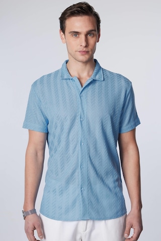 Tudors Slim Fit Dar Kesim Kısa Kollu Nefes Alan Örme Doku Armür Desenli Yazlık Mavi Erkek Gömlek-31003-mavi Mavi