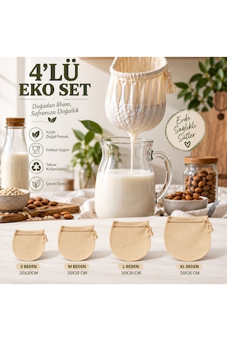 Halm 4 Lü Eko Set Pamuk Süzme Torbası Badem Ve Yulaf Sütü, Süzme Yaoğurt, Lor Ve Kese Peyniri Yapımı İçin Süzgeç S-m-l-xl Bej
