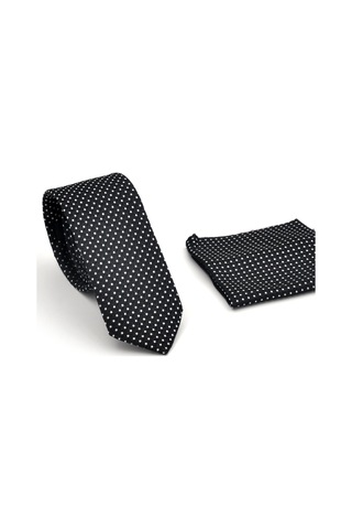 Beyaz Noktalı Puantiye Desenli Siyah Dokuma Kumaş Mendilli Slim Fit Kravat // Sdk230913 Siyah