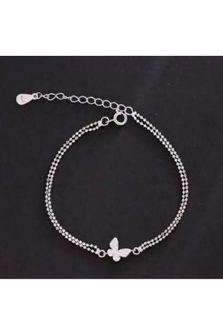 925 Ayar Gümüş Kristal Tasli Çift Sıra Zincirli Kelebek Bileklik