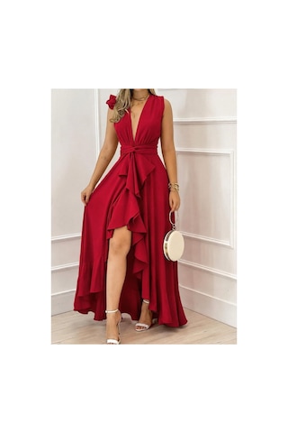 Butik İstanbul Kadın Askılı Kruvaze Yakalı Önü Volanlı Uzun Krep Elbise Kırmızı