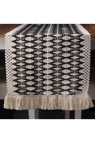 Pamuk Örme Püsküllü Siyah Dantel Runner 35x145 Cm Sunum Örtüsü
