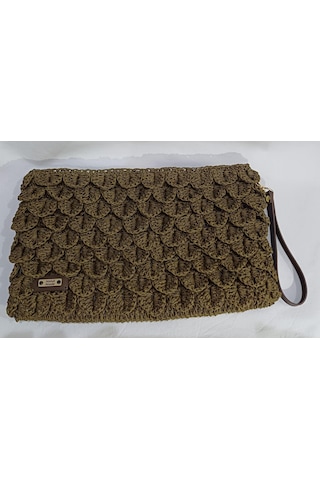 Özel Desenli Örgü Clutch Çanta Haki Yeşil