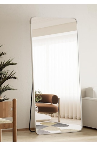 Pera 180x66 Yuvarlak Köşeli Yer Aynası Ayaklı, Asılı, Duvara Yaslı, Yatak Odası, Giyinme Odası GÜMÜŞ