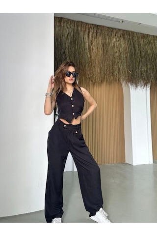 Hgfashion Kadın Yelek Pantolon İkili Takım Siyah Renk Siyah