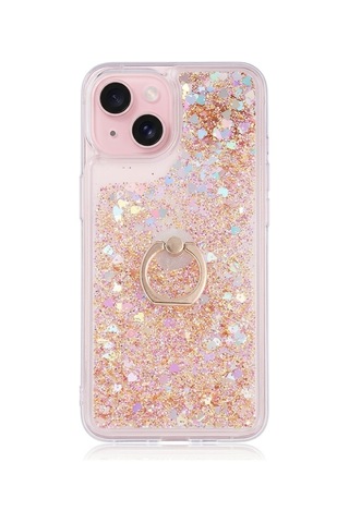 Flody Apple Uyumlu iPhone 15 Kılıf Sulu Simli Akışkan Silikon Yüzüklü Gold