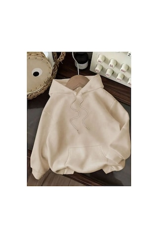 Herkesemoda Arka Kurt Baskı Detaylı İçi Polarlı Kapüşonlu Sweatshirt Bej