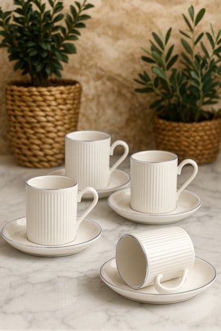 12 Parça 6 Kişilik Stackable Çizgili Gümüş Yaldızlı Kahve Fincan Takımı - Kahve Fincanı Seti 100ml Gümüş Beyaz