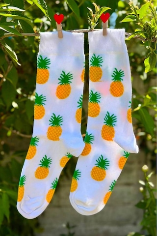 Lousocks Unisex Ananas Desenli Beyaz Soket Çorap
