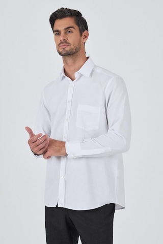 İmza Uzun Kol Desenli Armürlü Sert Yaka Cepli Pamuklu Classic Comfort Fit Gömlek 1004250187 Beyaz