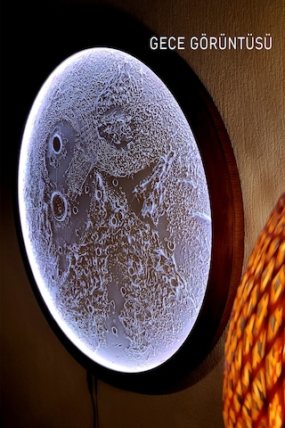 Naturel Ceviz Renk Ahşap Çerçeveli Ay Tablo, Rgb Led Işıklı Bluetooth Kontrollü Duvar Dekoru