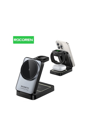 Rocoren 3 Ü 1 Arada Apple Uyumlu iPhone Airpods Watch Magsafe Kablosuz Şarj Cihazı Stand