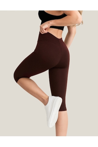 Diz Altı Kapri Tayt Yüksek Bel Likralı Parlak Dalgıç Kumaş, Antrasit Füme Kahverengi