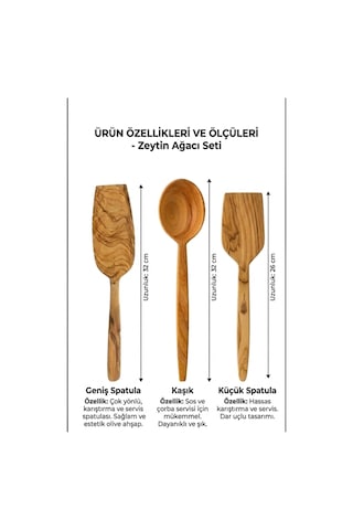 Kamptek Ahşap Zeytin Ağacı 3'lü Mutfak Seti - El Yapımı Doğal Spatula Ve Kaşık Seti Ahşap