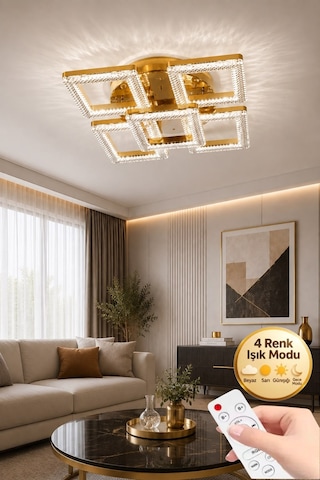 LumiaLighting Yakamoz Model 5"li Gold 3 Renk Modu Ledli Modern Tavana Sıfır Salon Mutfak Çocuk Yatak Odası Led Avize Altın