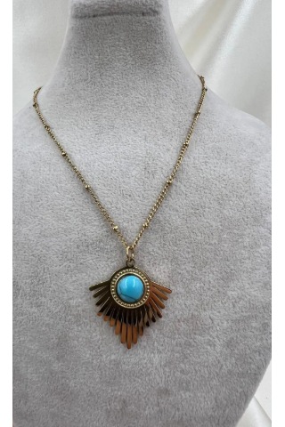 Bb Çelik Firuze Taşlı Vintage Kolye Altın - Mavi