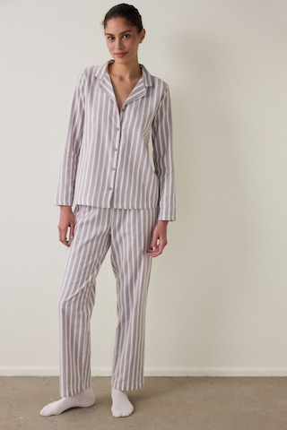 Penti Bej Çizgili Uzun Kollu Pamuklu Gömlek Pantolon Pijama Takımı Bg96