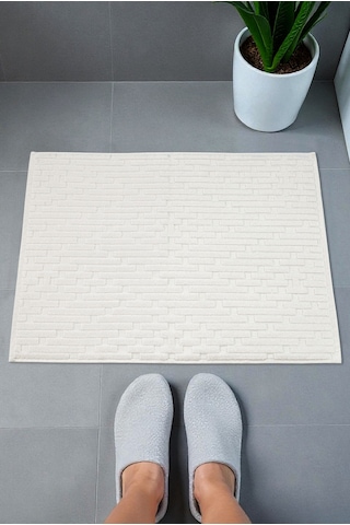 Tuğla Desenli 2li Ayak Havlusu - 50x70 Cm - Su Emici Banyo Paspası Seti - Beyaz Beyaz