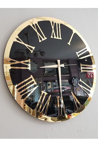 Ayna Denizi Golden Jet Black Model Altın Siyah Renk 50 Cm Dekoratif Aynalı Duvar Saati Siyah