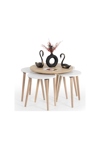 Orta Sehpa / Sehpa Seti / Sehpa Takımı / 5 Parça / Flora Pissa Meşe-beyaz