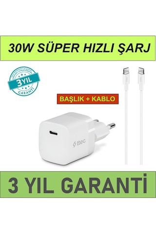 Smartcharger 30w Pd Başlık + Usb-c Kablo Apple Uyumlu iPhone 15 16 17 Pro Max Şarj Aleti Hızlı Ve Güvenli