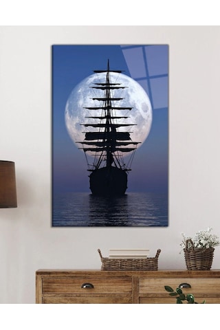 Ay Gece Yelkenli Gemi Cam Tablo, Ev Ve Ofis Duvar Dekoru Hediyelik Büyük Tablo Dayanıklı Cam