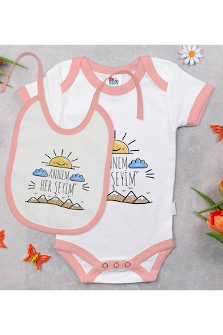 Bk Kids Annem Her Şeyim Tasarımlı Pembe Bebek Body Zıbın Ve Mama Çok Renkli