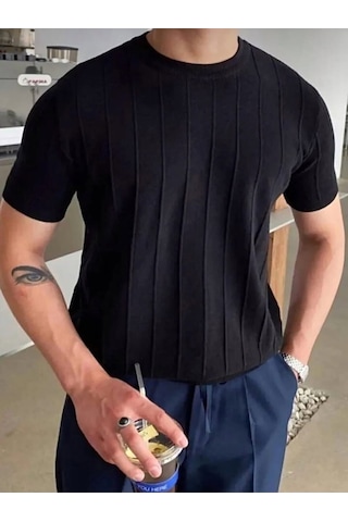 Erkek Slim Kısa Kollu Triko Tişört Yazlık Basic SIYAH